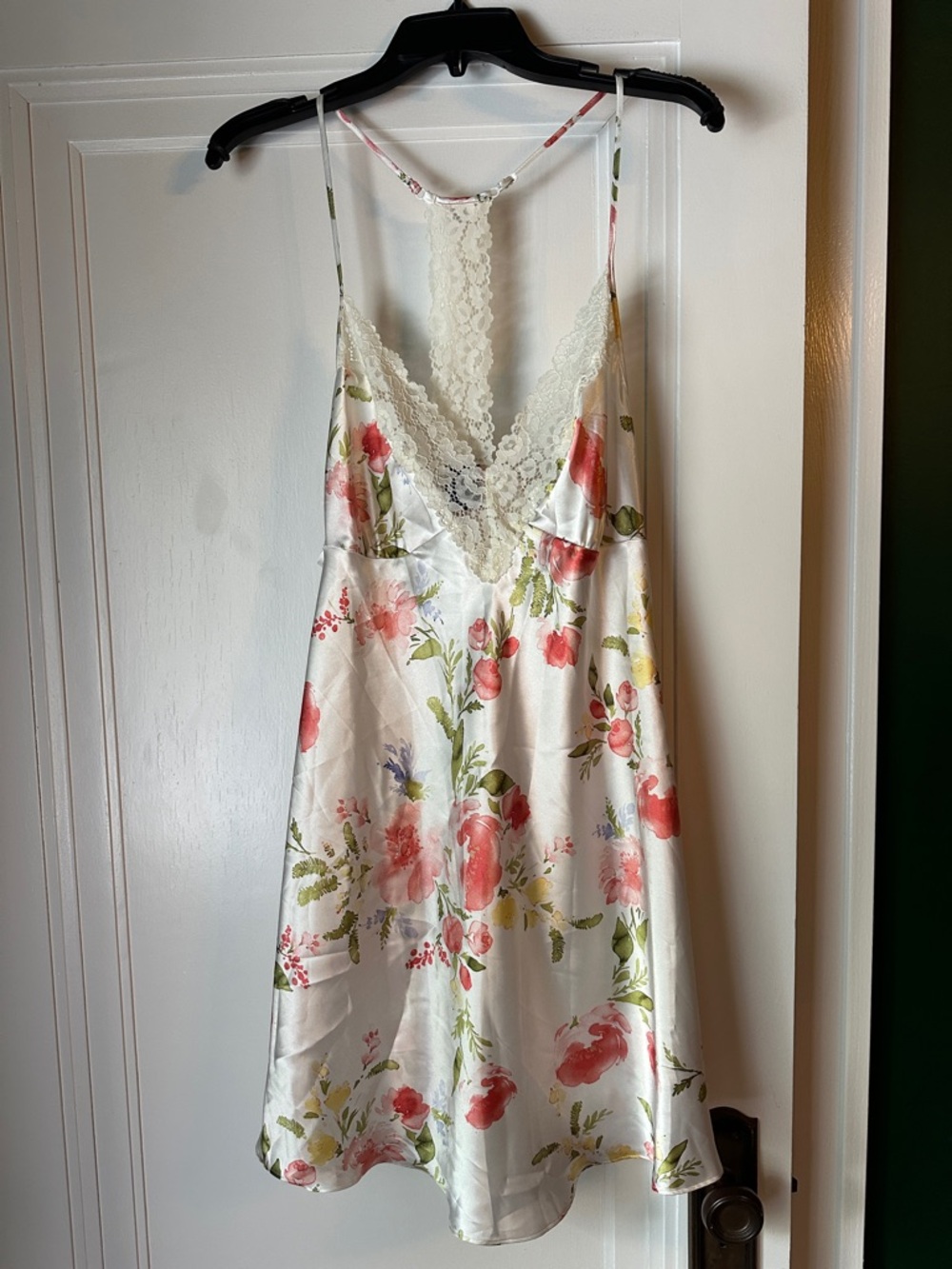 Apt. 9 Ivory Satin Floral Lace-Trim Chemise - Pink & Green Print